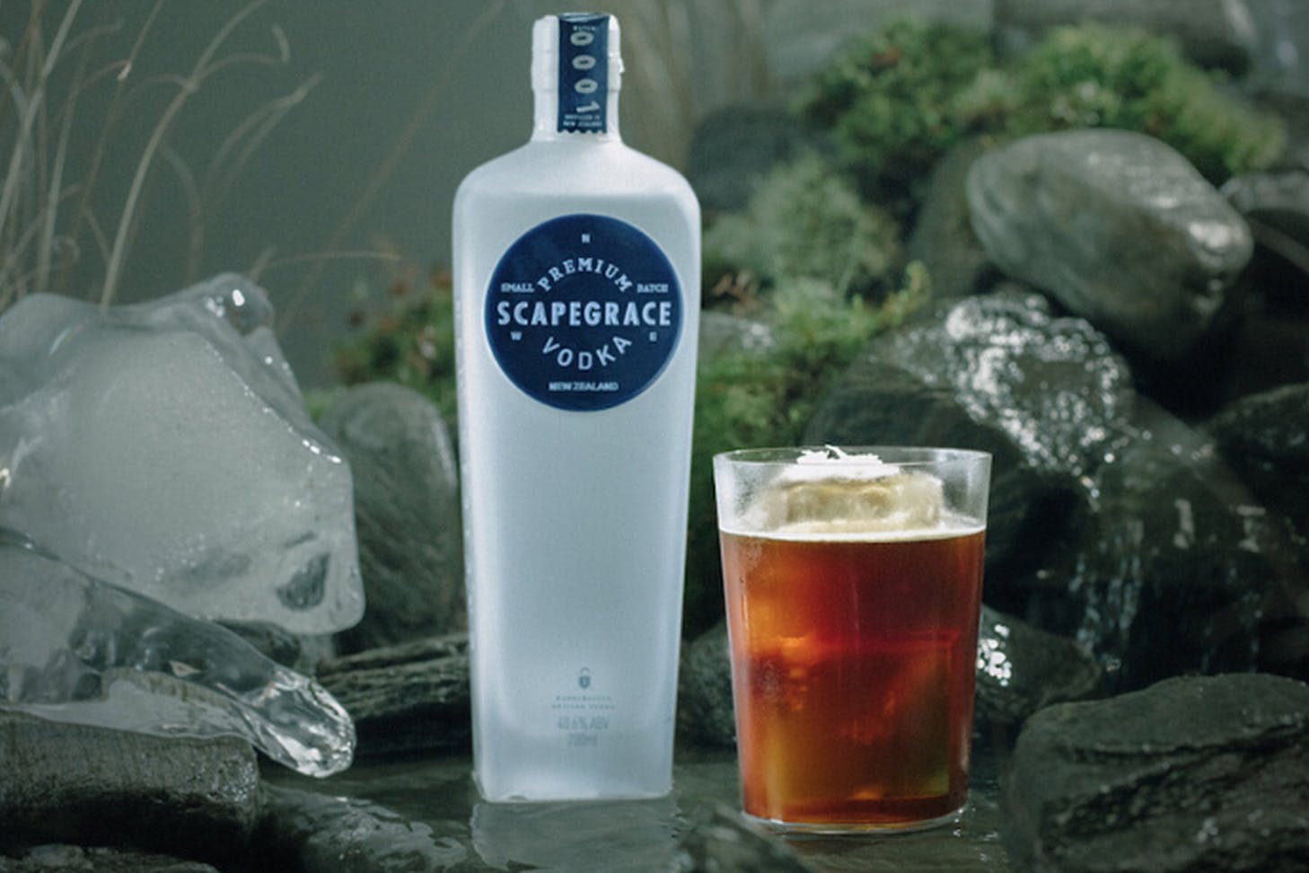 Scapegrace's Crema cocktail next to a bottle of Scapegrace vodka.